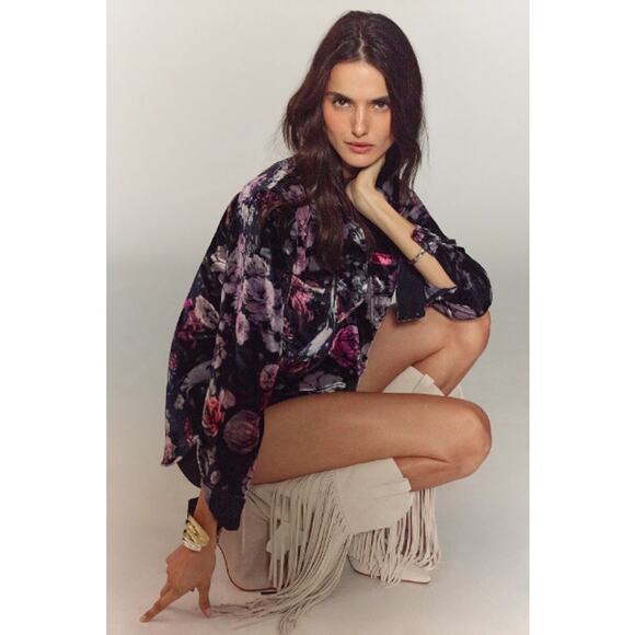 Pilcro The Hadley Purple Pink Floral Print Relaxed Button Down Velvet Womens XS - Picture 1 of 7